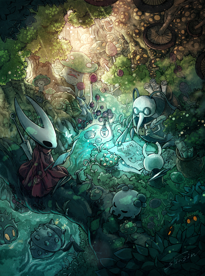 black_cloak bottle cape cloak cornifer feathers from_behind glasses highres hollow_knight hornet_(hollow_knight) knight_(hollow_knight) long_nose map mushroom nature no_humans pot red_cloak rock scroll signature sinsin719 sitting spike sunlight tree water weapon