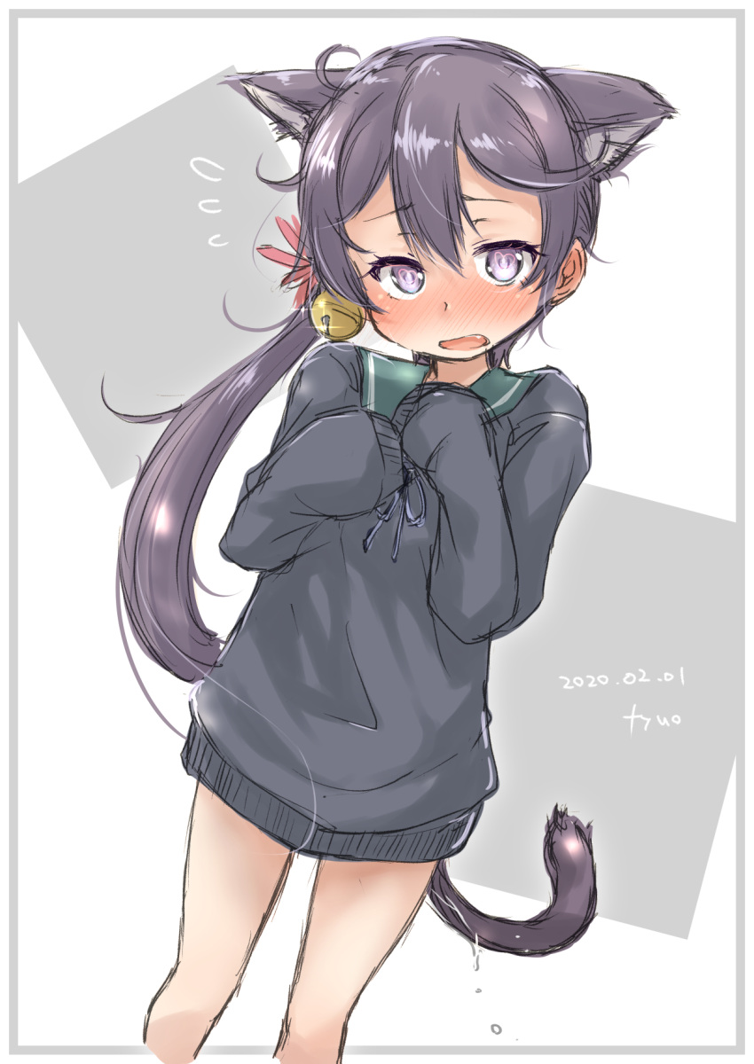 1girl akebono_(kantai_collection) animal_ears artist_name bell black_sweater blue_sailor_collar cat_ears cat_tail dated feet_out_of_frame flower flying_sweatdrops fyuo grey_hair hair_bell hair_flower hair_ornament highres jingle_bell kantai_collection long_hair open_mouth purple_eyes sailor_collar school_uniform serafuku side_ponytail sleeves_past_fingers sleeves_past_wrists solo standing sweater tail two-tone_background very_long_hair white_background