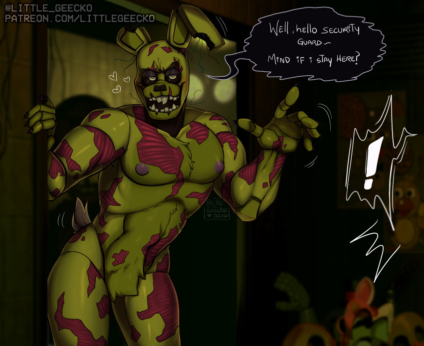 ! &lt;3 2020 5_fingers ? abs animatronic anthro areola barazoku biceps buckteeth claws crotch_fluff dialogue doorway english_text fingers five_nights_at_freddy's five_nights_at_freddy's_3 fur green_body green_ears green_fur half-closed_eyes hi_res lagomorph leporid littlegeecko long_ears looking_at_viewer machine male mammal manly muscular narrowed_eyes navel nipples notched_ear open_mouth pecs purple_areola purple_nipples question rabbit raised_arm robot scut_tail sharp_claws sharp_teeth smile solo speech_bubble springtrap_(fnaf) standing tan_tail teeth text thick_thighs torn_body triceps video_games wire