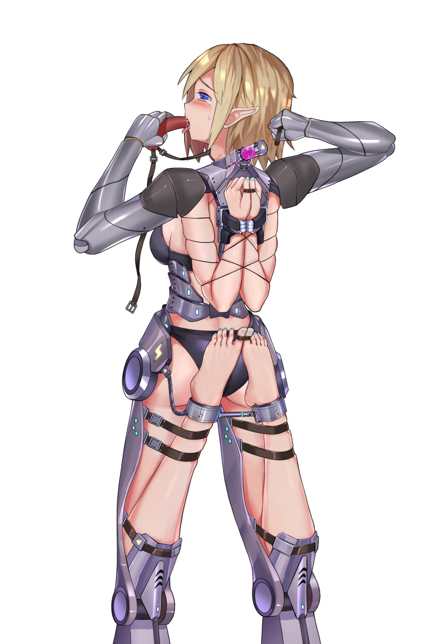 1girl bdsm blonde_hair blue_eyes blush bound bound_arms bound_legs commentary_request cuffs dildo_gag elf exoskeleton extra_arms extra_legs eyebrows_visible_through_hair guangmi highres holding_gag joints mechanical_arms mechanical_legs original penis_gag pointy_ears reverse_prayer robot_joints saliva shackles skindentation solo standing tears throat_bulge thumbcuffs toecuffs vial white_background