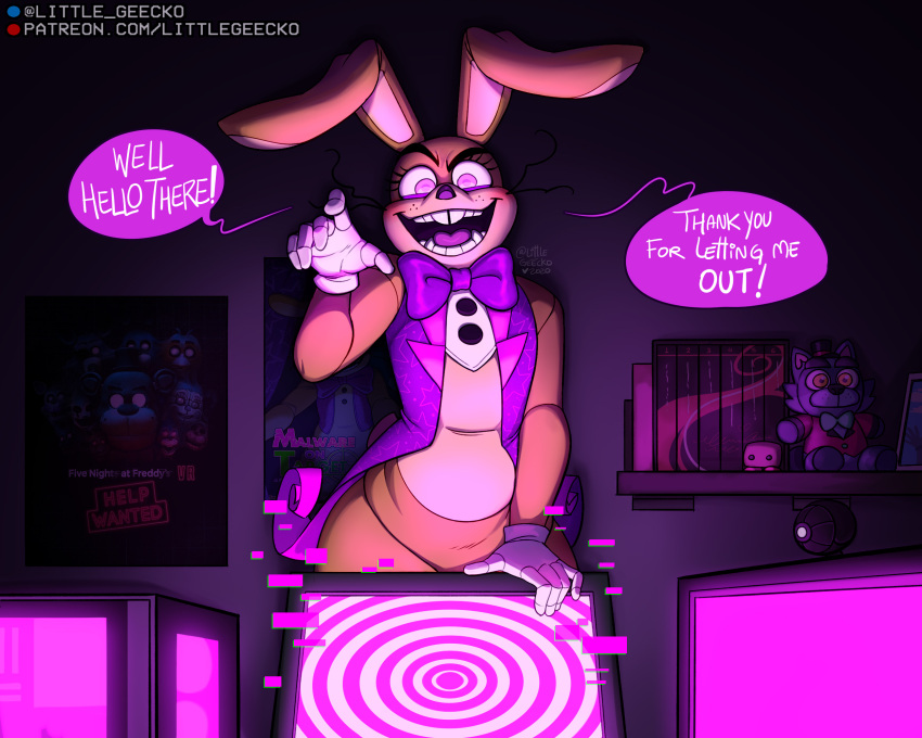 ! &gt;:d 2021 5:4 5_fingers anthro avian beak bedroom big_ears bird black_nose bonnie_(fnaf) book bottomless bottomless_male bow bow_tie buckteeth camera canid canine canis chica_(fnaf) chicken circus_baby_(fnaf) clothed clothing clown computer curtains detailed dialogue english_text eye_patch eyelashes eyewear fangs fingers five_nights_at_freddy's five_nights_at_freddy's_2 five_nights_at_freddy's_vr:help_wanted fnaf_vr_help_wanted fox foxy_(fnaf) freddy_(fnaf) fur galliform gallus_(genus) glitch glitchtrap gloves grey_body grey_fur handwear hat headgear headwear hi_res inside lagomorph leporid littlegeecko long_ears long_whiskers looking_at_viewer male mammal monitor open_mouth phasianid photo picture_frame pink_eyes pirate plushie poster puppet_(fnaf) purple_tongue rabbit round_ears sharp_teeth shelf sister_location smile solo soulless_eyes speech_bubble stage_curtains tan_body tan_ears teeth text thick_thighs tongue top_hat topwear toy toy_bonnie_(fnaf) toy_chica_(fnaf) toy_freddy_(fnaf) ursid vest video_games webcam whiskers white_eyes wolf