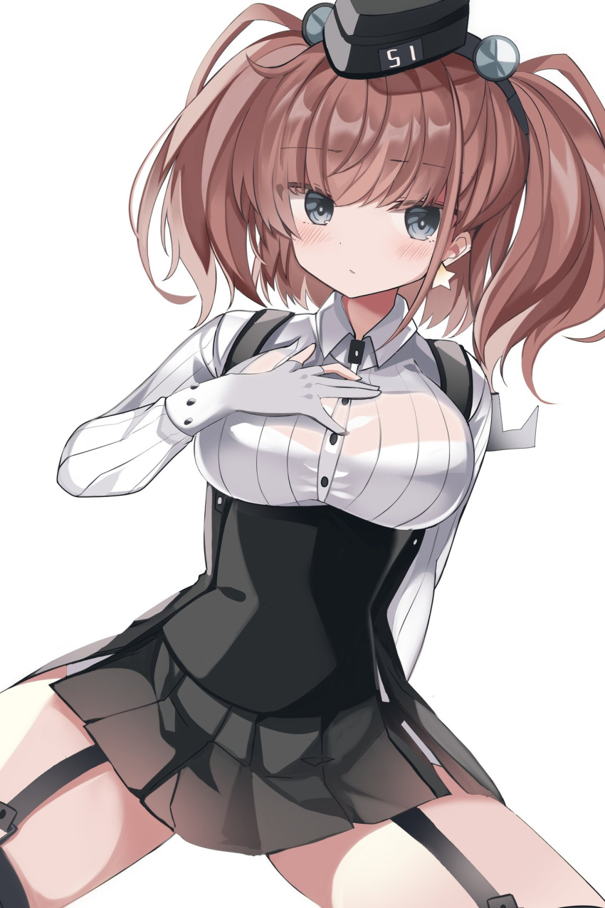 1girl atlanta_(kantai_collection) black_headwear black_skirt blush breasts brown_hair buttons closed_mouth collared_shirt cowboy_shot earrings eyebrows_visible_through_hair fathom garrison_cap garter_straps gloves grey_eyes grey_gloves hat high-waist_skirt highres jewelry kantai_collection large_breasts long_hair long_sleeves partially_fingerless_gloves pleated_skirt shirt simple_background single_earring skirt solo star_(symbol) star_earrings suspender_skirt suspenders two_side_up white_background white_shirt