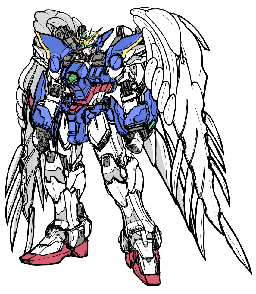 &lt;karasu absurdres clenched_hands green_eyes gundam gundam_wing gundam_wing_endless_waltz highres mecha mobile_suit no_humans science_fiction solo standing v-fin white_background wing_gundam_zero_custom wings