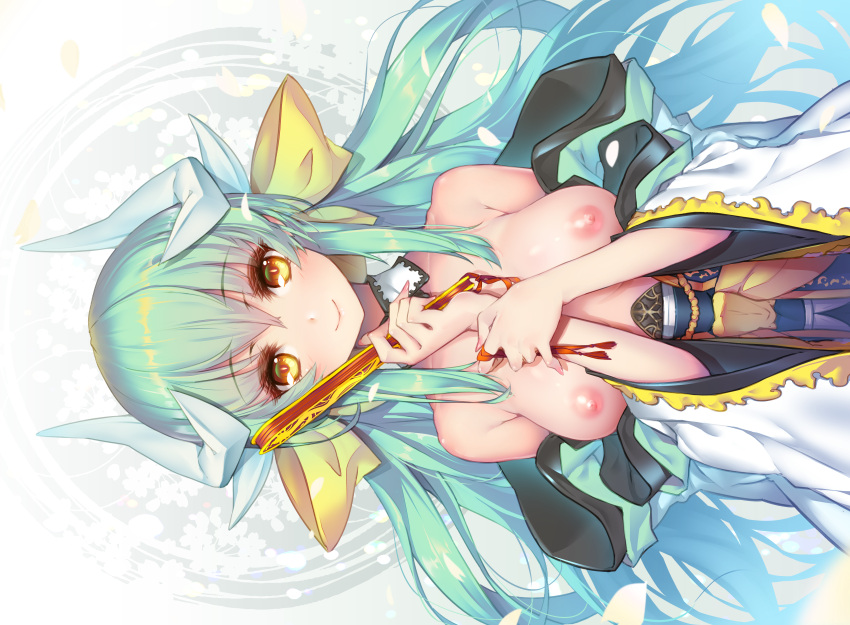 breasts close fan fate/grand_order fate_(series) green_hair hong_(white_spider) horns japanese_clothes kiyohime_(fate/grand_order) long_hair nipples yellow_eyes