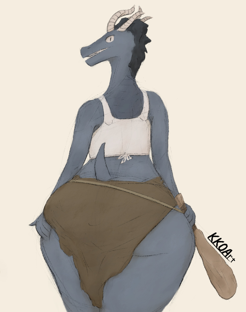 2021 angry anthro big_butt black_hair bottomwear bra butt butt_focus butt_grab clothing club_(weapon) colored_sketch dark_souls dragon dragonoid_(dark_souls) female fromsoftware hair hand_on_butt hi_res horn huge_butt kkoart loincloth long_neck looking_at_viewer looking_back melee_weapon mohawk neck_tuft portrait raised_tail rear_view scalie shaded solo thick_thighs three-quarter_portrait tuft underwear video_games watermark weapon