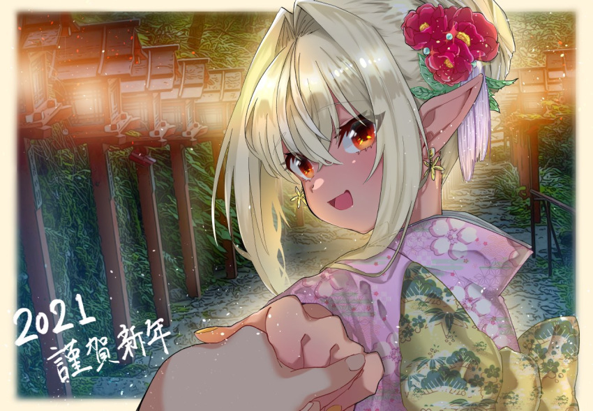 1girl bangs blonde_hair bow dark_skin dark_skinned_female earrings elf eyebrows_visible_through_hair flower from_behind hair_between_eyes hair_bun hair_flower hair_ornament happy_new_year holding_hands hololive japanese_clothes jewelry kimono mito_nosuke new_year open_mouth pointy_ears pov red_flower shiranui_flare upper_body virtual_youtuber yellow_bow yukata