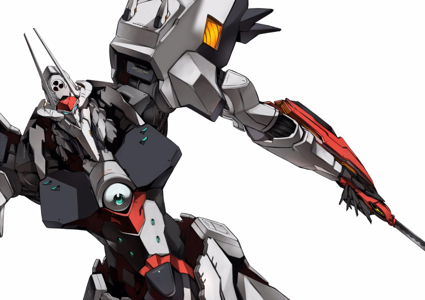 arm_blade blue_eyes highres horns kurogane_no_linebarrel linebarrel looking_at_viewer mecha no_humans official_art science_fiction shimoguchi_tomohiro solo upper_body weapon white_background