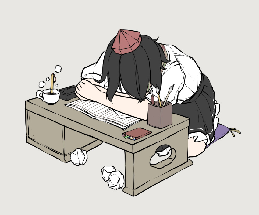 1girl black_hair black_ribbon black_skirt bunbunmaru calligraphy_brush coffee_cup collared_shirt crumpled_paper cup desk disposable_cup frilled_skirt frills hat highres kneeling necktie notebook paintbrush peroponesosu. ribbon shameimaru_aya shirt skirt solo tengu tokin_hat touhou white_shirt you're_doing_it_wrong