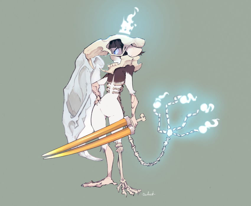 1girl absurdres animal_ears animal_skull black_hair blue_eyes bright_pupils closed_mouth crown doodlerush frown furry green_background hand_on_hip highres holding holding_sword holding_weapon mouse_ears profile short_hair signature simple_background skeletal_leg skeletal_tail skull_on_head solo standing sword weapon white_fur white_pupils