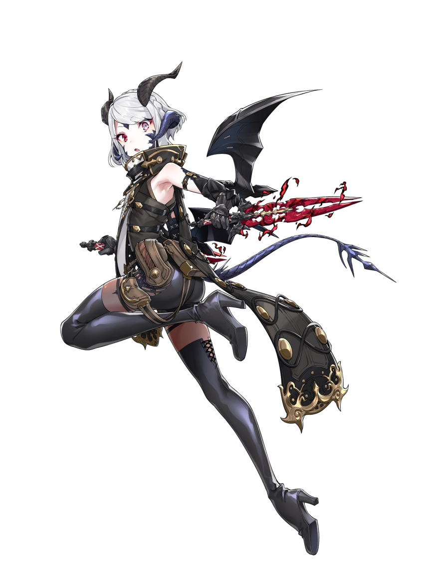 1girl ass au_ra black_footwear boots dagger dragon_horns dragon_tail dragon_wings dual_wielding final_fantasy final_fantasy_xiv heterochromia high_heel_boots high_heels highres holding holding_dagger holding_weapon horns looking_at_viewer multiple_horns ninja_(final_fantasy) parted_lips red_eyes reverse_grip short_hair solo tail thigh_boots thighhighs vest weapon westxost_(68monkey) white_hair wide-eyed wings