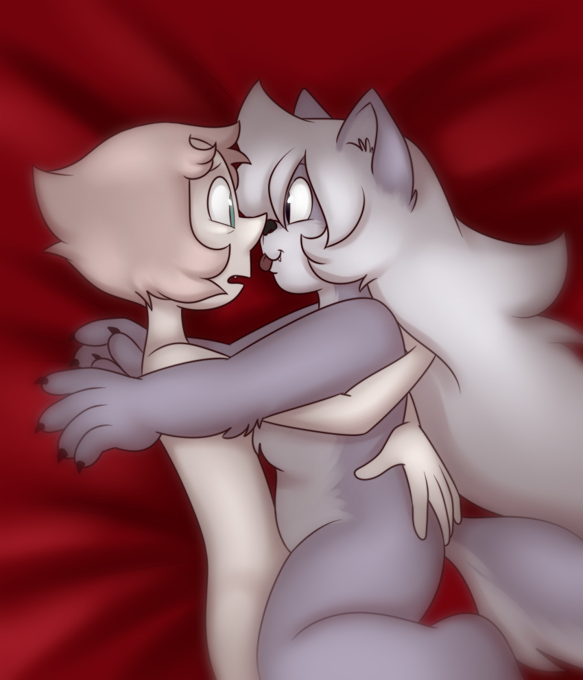 2020 alternate_species amethyst_(steven_universe) anthro bed blep canid canine cartoon_network claws duo embrace eye_contact fangs female female/female furniture furrification hair hi_res human human_on_anthro interspecies looking_at_another lying mammal missgreeney nude on_bed on_side pearl_(steven_universe) purple_hair steven_universe tongue tongue_out vampire were werecanid werecanine werewolf