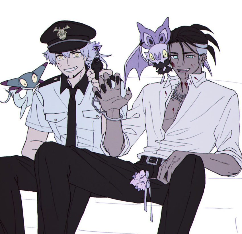 2boys alcremie alternate_costume bangs black_hair black_headwear black_nails black_neckwear black_pants blood claw_pose commentary_request cuffs dark_skin dark_skinned_male dreepy earrings facial_hair gastly gen_1_pokemon gen_6_pokemon gen_8_pokemon grey_hair handcuffs hat highres jewelry leon_(pokemon) looking_at_viewer male_focus mochizuzuzu multiple_boys nail_polish necktie noibat open_mouth pants pokemon pokemon_(creature) pokemon_(game) pokemon_swsh raihan_(pokemon) shirt short_sleeves smile teeth tongue undercut yellow_eyes