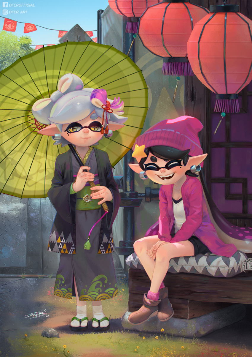 beanie callie_(splatoon) earrings fangs hair_ornament hat highres idfer japanese_clothes jewelry kimono lantern looking_at_viewer marie_(splatoon) multicolored_hair oil-paper_umbrella pointy_ears purple_hair sandals short_shorts shorts silver_hair sitting smile splatoon_(series) splatoon_2 symbol-shaped_pupils tentacle_hair two-tone_hair umbrella yellow_eyes
