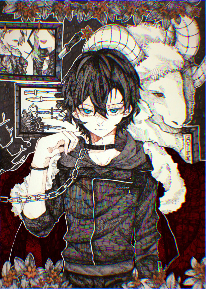 1boy animal black_collar black_hair black_jacket blue_eyes bracelet bungou_stray_dogs chain chromatic_aberration closed_mouth collar crack fingernails flower goat hair_between_eyes hatching_(texture) highres hood hood_down hooded_jacket ink_(medium) jacket jewelry knife kuma_no_(y6lnv) leash orange_flower outline picture_(object) picture_frame planted planted_knife planted_weapon red_eyes scissors signature sleeves_rolled_up traditional_media weapon white_outline zipper zipper_pull_tab