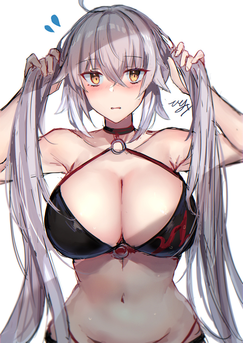 1girl absurdres adjusting_hair bikini black_bikini black_choker breasts bunching_hair choker cleavage eyebrows_visible_through_hair fate/grand_order fate_(series) grey_hair highres hitomin_(ksws7544) huge_filesize jeanne_d'arc_(alter_swimsuit_berserker) jeanne_d'arc_(fate)_(all) large_breasts long_hair looking_at_viewer o-ring o-ring_bikini standing sweatdrop swimsuit twintails watermark white_background yellow_eyes
