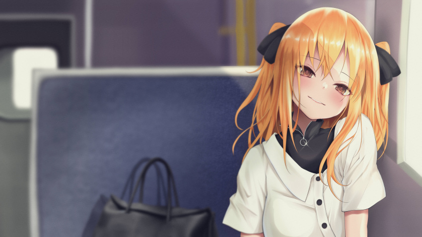 1girl absurdres bag bangs black_bag black_ribbon blonde_hair blurry blurry_background blush breasts brown_eyes eyebrows_visible_through_hair glint hair_ribbon handbag highres kazanock light_smile long_hair original parted_lips ribbon shirt short_sleeves sitting small_breasts solo train_interior two_side_up upper_body white_shirt