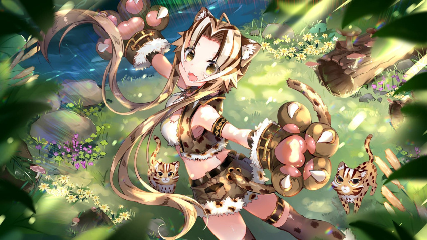 1girl ahoge animal_ears character_request highres illusion_connect jungle leopard leopard_ears leopard_girl leopard_tail long_hair nature spotted_fur tail usagihime