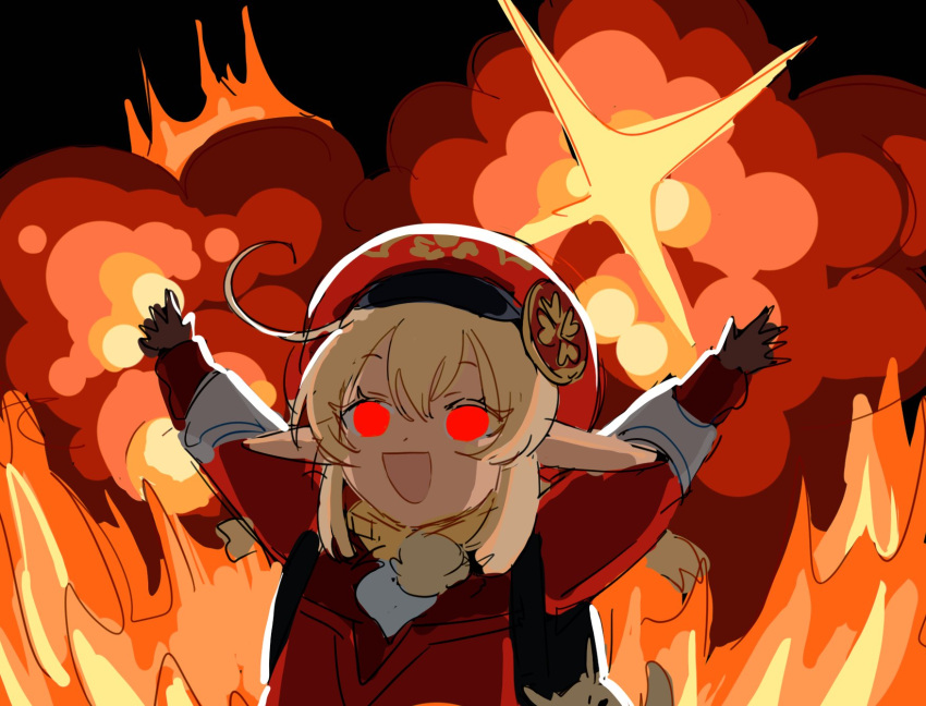 1girl :d ahoge arms_up backpack bag black_background blonde_hair brown_gloves cabbie_hat charm_(object) commentary dress elmo_rise_(meme) empty_eyes english_commentary explosion fire genshin_impact gloves hat highres kkaags klee_(genshin_impact) long_sleeves looking_at_viewer meme open_mouth outstretched_arms pointy_ears randoseru red_dress red_eyes red_headwear short_twintails simple_background smile solo sparkle spread_arms twintails upper_body