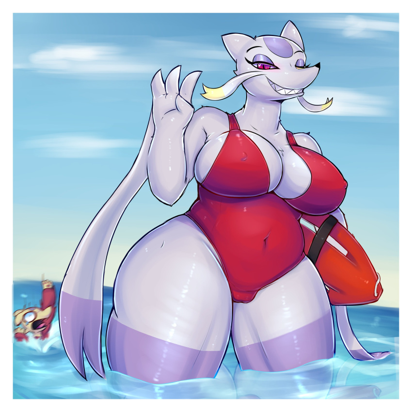 1:1 absurd_res anthro big_breasts boiful border breasts clothing female gesture hi_res looking_at_viewer mienfoo mienshao nintendo one_eye_closed pink_eyes pok&eacute;mon pok&eacute;mon_(species) sharp_teeth smile smiling_at_viewer swimwear teeth thick_thighs video_games water waving white_border wink