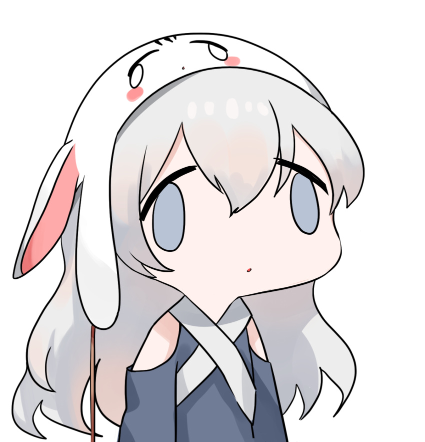 1girl :o animal_ears animal_hat bangs blue_dress blue_eyes chibi clothing_cutout cropped_torso dokomon dress face_of_the_people_who_sank_all_their_money_into_the_fx fake_animal_ears girls_frontline grey_hair hair_between_eyes hat highres long_hair looking_at_viewer parted_lips ribeyrolles_1918_(girls_frontline) shoulder_cutout simple_background solo upper_body very_long_hair white_background white_headwear
