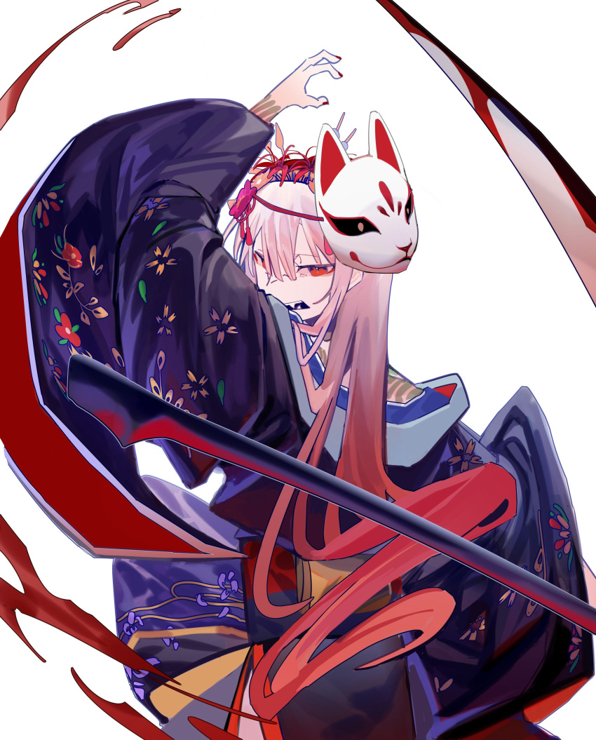 1girl absurdres bangs blood bloody_weapon fangs floating_weapon fox_mask from_behind hair_behind_ear highres hololive hololive_english japanese_clothes kimono looking_at_viewer looking_back mask mask_on_head mori_calliope obi open_hand open_mouth pink_hair print_kimono red_eyes sash scythe solo virtual_youtuber weapon white_background wide_sleeves wolf25920441