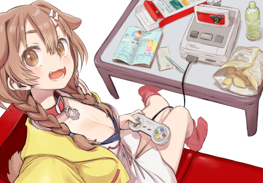 1girl animal_ears bottle braid breasts brown_eyes brown_hair chips cleavage couch dog_ears food from_above game_console highres hololive inugami_korone manual mother_(game) mother_2 ness_(mother_2) no_shoes paper paula_(mother_2) pen potato_chips super_famicom super_famicom_cartridge super_famicom_gamepad table twin_braids virtual_youtuber yoshida_on