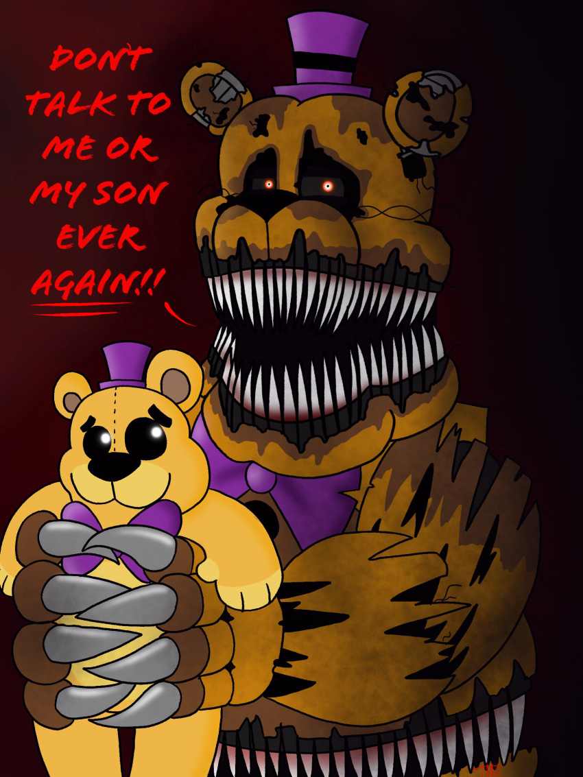 ! 2018 3:4 :3 animatronic anthro big_head black_background black_sclera bow_tie carrying claws close-up clothing dialogue dilated_pupils don't_talk_to_me_or_my_son_ever_again duo english_text five_nights_at_freddy's five_nights_at_freddy's_4 fredbear_(fnaf) grey_sclera hat headgear headwear hi_res holding_(disambiguation) humor looking_at_viewer looking_back machine male mammal meme narrowed_eyes nightmare_fredbear_(fnaf) notched_ear open_mouth plushie red_background red_eyes robot round_ears sharp_claws sharp_teeth simple_background size_difference smile squint stomach_mouth teeth text the_masked_hunter top_hat torn_arm torn_body toy ursid video_games white_eyes wire yellow_body