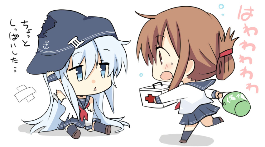 2girls anchor_symbol black_headwear black_legwear black_sailor_collar black_skirt blue_eyes blush brown_footwear brown_hair bucket eyebrows_visible_through_hair first_aid_kit flat_cap folded_ponytail hair_between_eyes hat hibiki_(kantai_collection) highres hizuki_yayoi holding holding_bucket inazuma_(kantai_collection) kantai_collection long_hair long_sleeves multiple_girls neckerchief open_mouth pleated_skirt red_neckwear repair_bucket sailor_collar school_uniform serafuku shadow shoes silver_hair simple_background skirt thighhighs torn_clothes translation_request triangle_mouth white_background