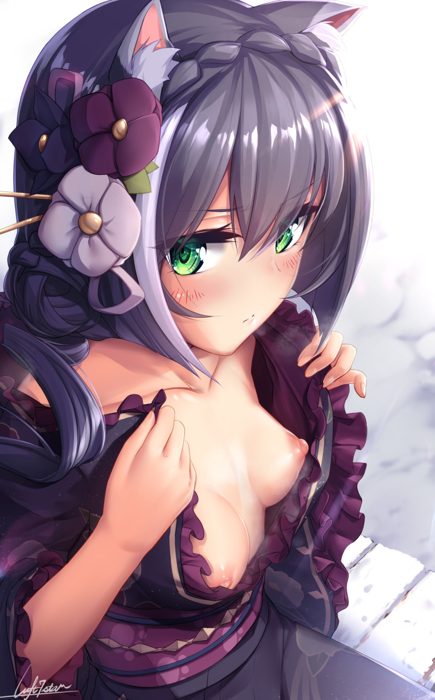 1girl animal_ear_fluff animal_ears bangs black_hair black_kimono blush breasts cat_ears closed_mouth collarbone eyebrows_visible_through_hair flower frilled_kimono frills green_eyes hair_between_eyes hair_flower hair_ornament hair_stick highres japanese_clothes karyl_(princess_connect!) kimono long_hair looking_at_viewer milia_simohayha multicolored_hair nipples no_bra obi open_clothes open_kimono princess_connect! princess_connect!_re:dive purple_flower sash small_breasts solo streaked_hair twintails white_hair