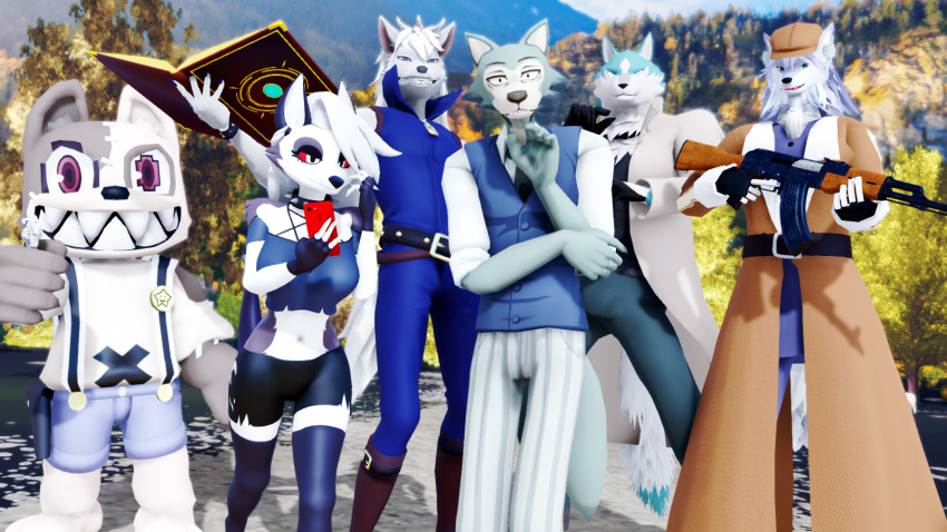 3d_(artwork) anthro beastars blue_body blue_eyes blue_fur blue_hair brand_new_animal canid canid_demon canine canis clothing collar demon digital_media_(artwork) fate_(series) female fur gleipnir grey_body grey_fur group hair hat headgear headwear helluva_boss hi_res legoshi_(beastars) living_clothing long_hair looking_at_viewer loona_(vivzmind) male malicekira mammal patxi pretty_cure red_sclera shirou_ogami shuichi_kagaya smile_pretty_cure studio_trigger tuft white_body white_fur white_hair wolf wolfrun