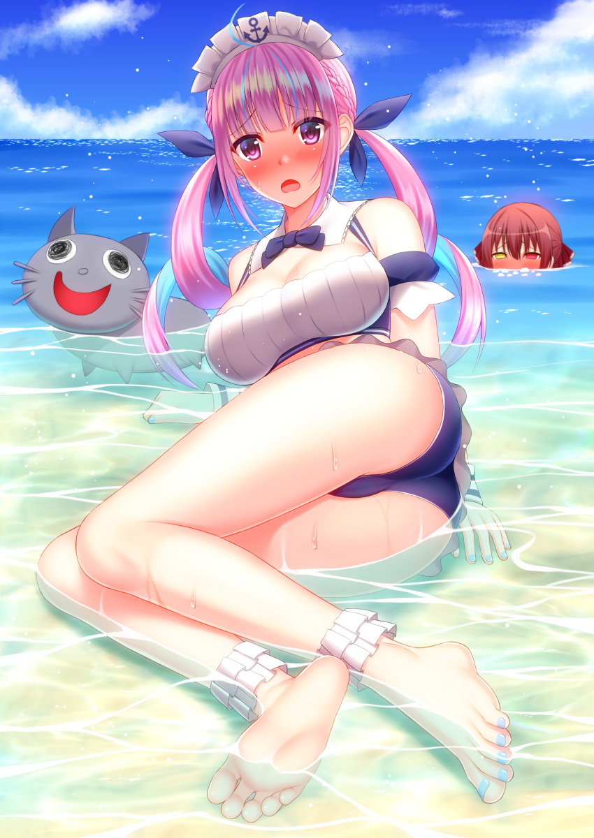 1girl absurdres aqua_hair barefoot beach bikini blue_hair cat_girl colored_inner_hair drill_hair feet highres hololive houshou_marine long_hair looking_at_viewer minato_aqua multicolored_hair one-piece_swimsuit purple_eyes purple_hair shirouzu_myuuta soles streaked_hair swimsuit swimwear tied_hair toenail_polish toes twin_drills twintails two-tone_hair virtual_youtuber water