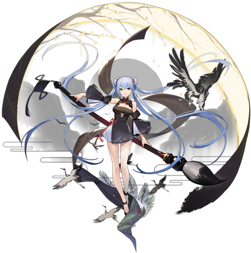 1girl azur_lane bangs bird blue_hair blush breasts china_dress chinese_clothes cleavage commentary_request double_bun dress eagle essex_(azur_lane) essex_(brush_and_ink)_(azur_lane) expressions highres kexue large_breasts long_hair looking_at_viewer official_alternate_costume official_art paintbrush smile transparent_background