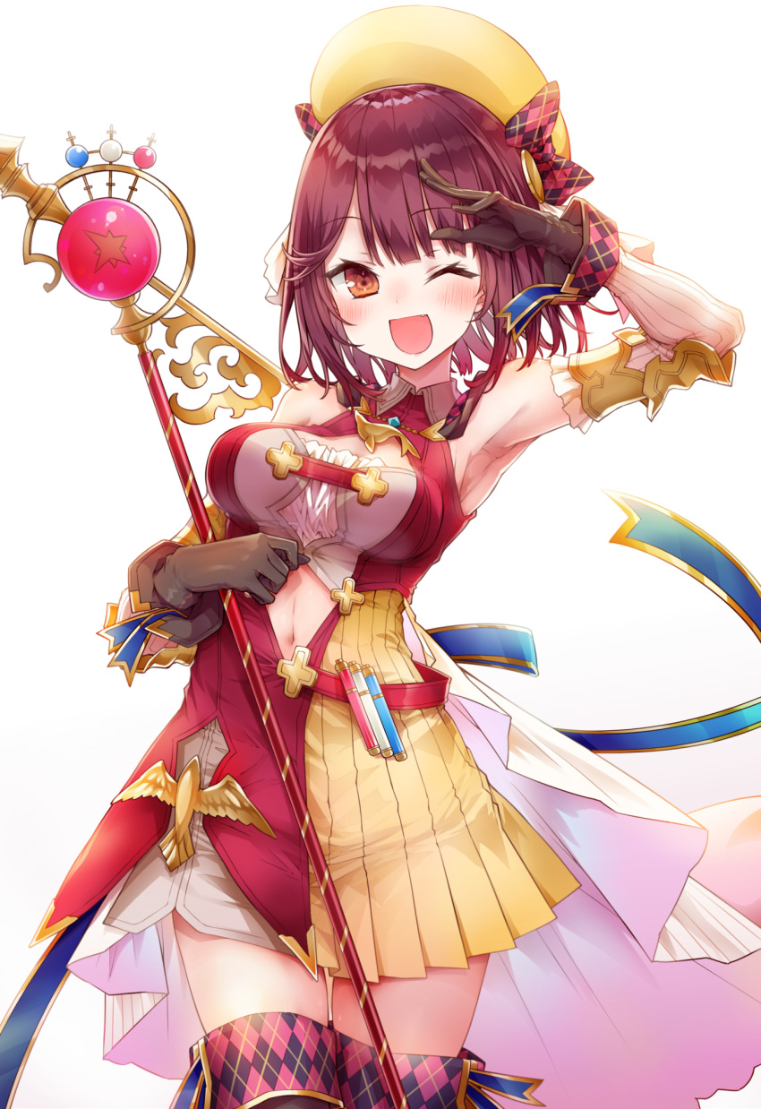 1girl alt armpits atelier_(series) atelier_sophie beret blush boots breasts brown_eyes brown_gloves brown_hair commentary_request detached_sleeves eyebrows_visible_through_hair gloves graphite_(medium) hair_between_eyes hat highres holding holding_staff looking_at_viewer medium_breasts navel one_eye_closed open_mouth salute short_hair simple_background solo sophie_neuenmuller staff thigh_boots thighhighs traditional_media white_background yellow_headwear zettai_ryouiki
