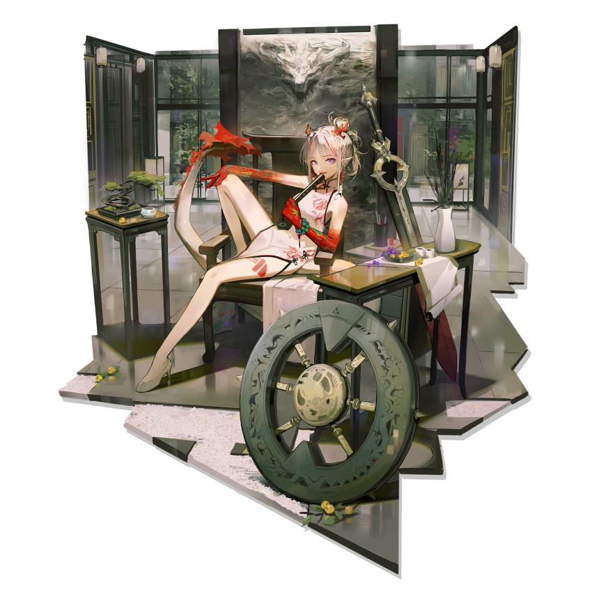 1girl arknights bangs bare_legs bare_shoulders bead_bracelet beads bonsai bracelet chair china_dress chinese_clothes dress high_heels highres horns huanxiang_heitu jewelry looking_at_viewer medium_hair multicolored_hair nian_(arknights) nian_(unfettered_freedom)_(arknights) official_art purple_eyes red_hair silver_hair sitting sleeveless sleeveless_dress smile solo streaked_hair sword tail thighs transparent_background weapon white_dress white_footwear