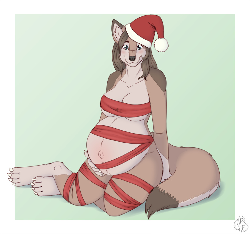 anthro belly big_belly breasts canid canine canis christmas christmas_clothing christmas_headwear clothing deliveredmean42 female geckoguy123456789 hat headgear headwear hi_res holidays jennifer_(geckoguy123456789) mammal pregnant ribbons santa_hat solo wolf