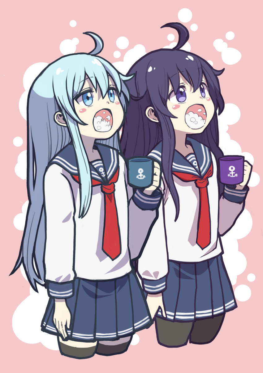 2girls absurdres akatsuki_(kantai_collection) anchor_symbol black_legwear black_sailor_collar black_skirt blue_eyes blush_stickers cropped_legs cup eyebrows_visible_through_hair gargling hair_between_eyes hibiki_(kantai_collection) highres holding holding_cup kantai_collection long_hair long_sleeves multiple_girls neckerchief open_mouth pantyhose pleated_skirt purple_eyes purple_hair red_neckwear sailor_collar school_uniform serafuku silver_hair skirt thighhighs unagiman