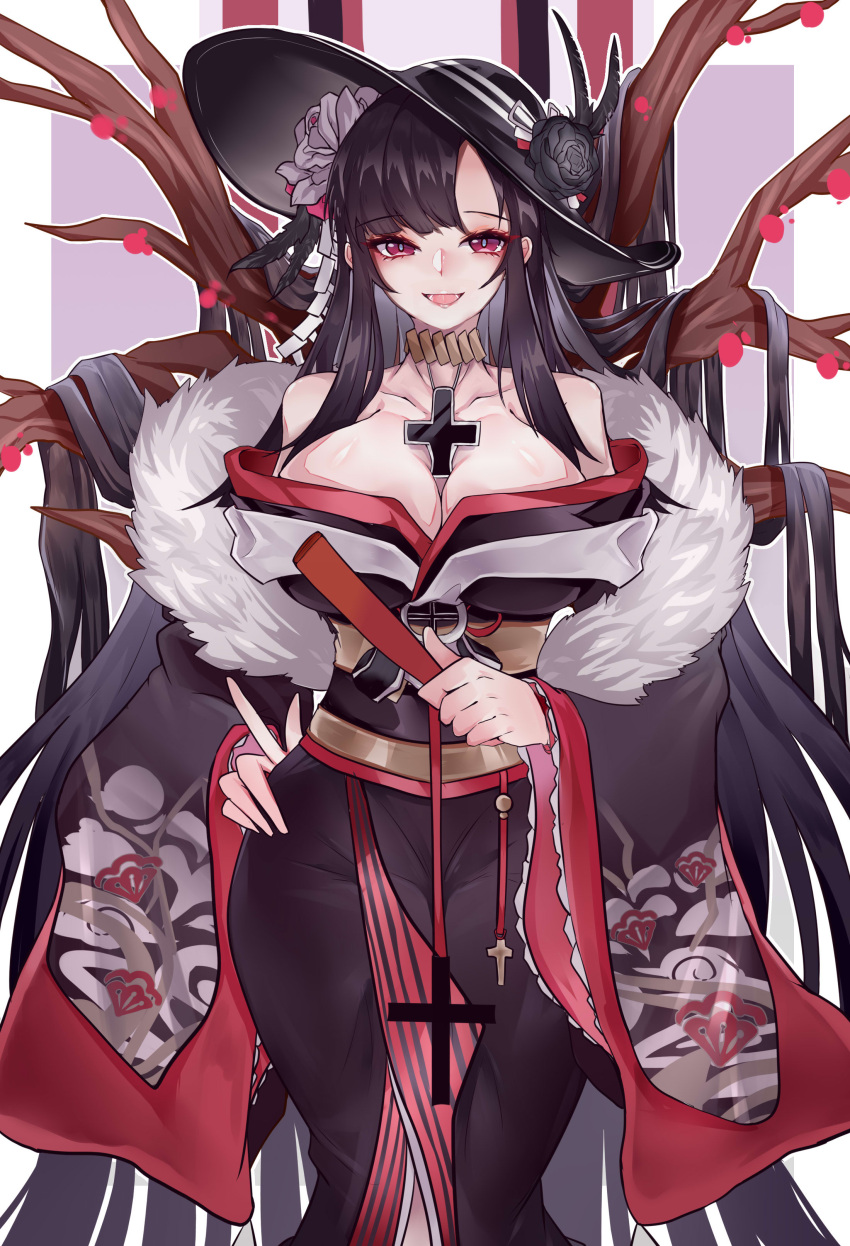 1girl absurdly_long_hair absurdres azur_lane bare_shoulders black_feathers black_flower black_hair black_headwear black_kimono black_sash branch breasts cleavage closed_fan cross cross_necklace eyebrows_visible_through_hair fan feather_boa flower folding_fan hat hat_flower highres holding holding_fan japanese_clothes jewelry kimono kive large_breasts long_hair looking_at_viewer necklace off-shoulder_kimono official_alternate_costume peter_strasser_(azur_lane) peter_strasser_(chronos's_kalendae)_(azur_lane) red_eyes sash solo sun_hat very_long_hair wide_sleeves