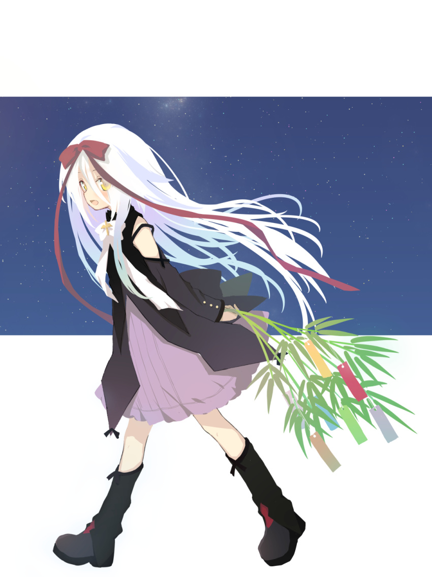 1girl arms_behind_back bamboo_shoot black_dress black_footwear blue_background blush boots bow commentary dress floating_hair from_side full_body hair_between_eyes hair_bow hair_ribbon highres holding holding_bamboo_shoot hoshizora_no_memoria long_hair long_ribbon long_sleeves looking_at_viewer mare_s._ephemeral nagesuteaka off-shoulder_dress off_shoulder open_mouth red_bow red_ribbon ribbon short_dress simple_background solo tanzaku two-tone_background very_long_hair walking white_background white_hair yellow_eyes