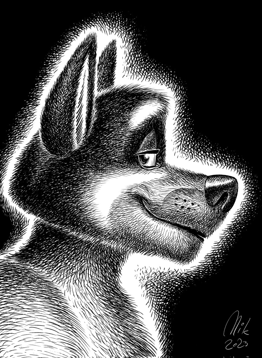 2023 anthro australian_cattle_dog bandit_heeler bluey_(series) canid canine canis cattledog domestic_dog ears_up fur half-closed_eyes headshot_portrait herding_dog hi_res looking_at_viewer male mammal mouth_closed narrowed_eyes nikraccoom pastoral_dog portrait side_view signature smile smiling_at_viewer solo