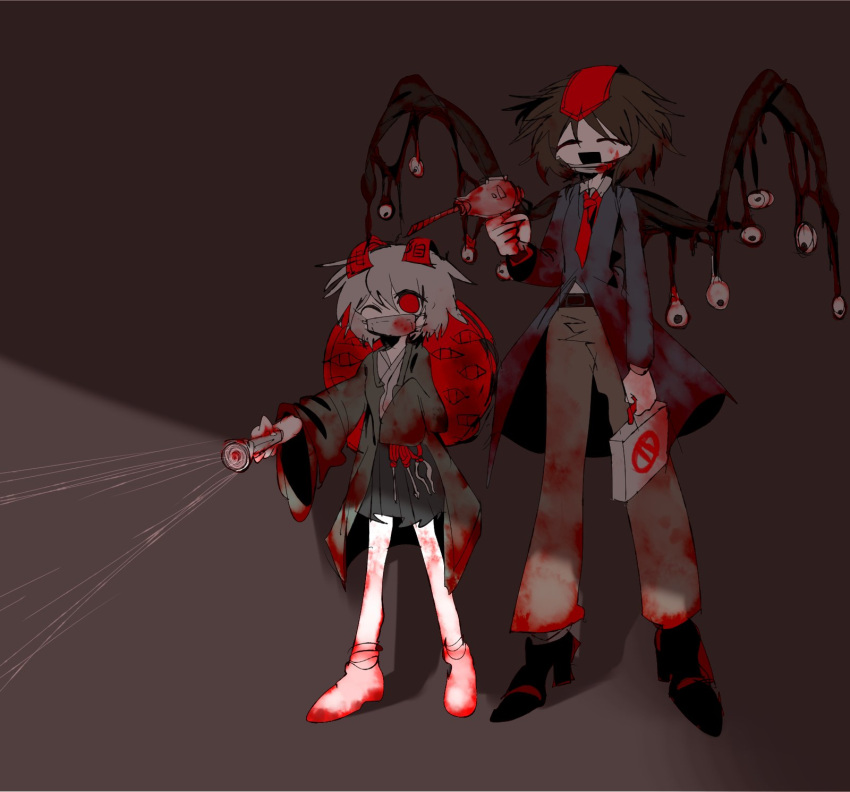 2others belt black_footwear black_skirt blood blood_on_clothes blood_on_hands blood_on_leg blood_on_mask blue_coat brown_background brown_belt brown_hair brown_pants celeritas_lumen coat collared_shirt colored_skin commentary flashlight full_body haori height_difference highres holding holding_flashlight holding_power_drill japanese_clothes kimono kokutenshi_hibaru len'en ling_s long_sleeves mask mouth_mask multiple_others necktie no_nose no_shoes one_eye_closed open_mouth other_focus pants pleated_skirt red_headwear red_necktie shirt short_hair simple_background skirt smile socks standing symbol-only_commentary white_hair white_kimono white_shirt white_skin white_socks wings