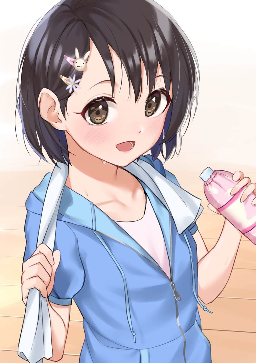 1girl absurdres black_hair blue_jacket blush bottle breasts brown_eyes collarbone dot_nose hair_ornament hairclip hands_up highres holding holding_bottle holding_towel idolmaster idolmaster_cinderella_girls idolmaster_cinderella_girls_starlight_stage jacket looking_at_viewer open_mouth rabbit_hair_ornament sasaki_chie shirt short_hair short_sleeves small_breasts smile solo sweat towel track_jacket tsunenorip upper_body white_shirt white_towel wooden_floor zipper zipper_pull_tab