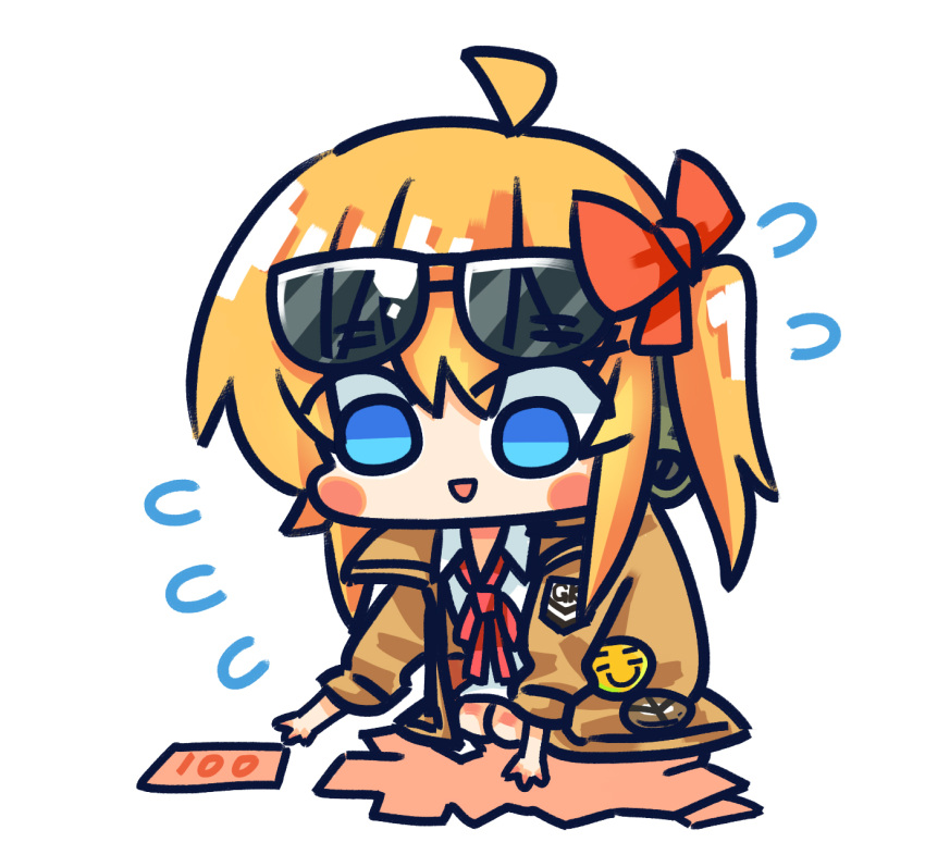 1girl :d ahoge badge banknote blue_eyes blush_stickers brown_jacket button_badge chibi chinese_commentary commentary_request eyewear_on_head flying_sweatdrops girls'_frontline hair_between_eyes hair_ribbon highres jacket kalina_(girls'_frontline) long_hair looking_down money neck_ribbon official_art open_mouth orange_hair red_ribbon ribbon seiza shirt side_ponytail simple_background sitting smile solo su_xiao_jei sunglasses white_background white_shirt