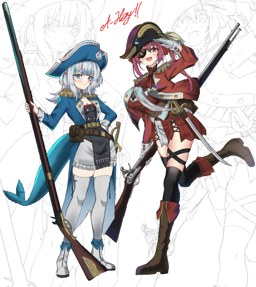 2girls bicorne blue_headwear blue_jacket gawr_gura gun hat highres holding holding_gun holding_weapon hololive houshou_marine jacket looking_at_viewer multiple_girls musket persocon93 pirate_costume pirate_hat red_jacket red_skirt skirt thighhighs thighs weapon white_thighhighs