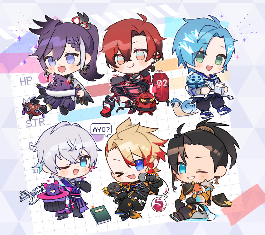 6+boys ahoge altventurer_(regis_altare) axel_syrios axelotl_(axel_syrios) axolotl banzoin_hakka bird black_gloves black_hair black_jacket black_pants blonde_hair blue_eyes blue_hair blush braid braided_bangs chibi creature earrings english_text facial_hair feather_hair_ornament feathers fish fur-trimmed_jacket fur_trim gavis_bettel gloves green_eyes grey_hair hair_between_eyes hair_ornament hakama hakkito_(banzoin_hakka) hat highres holding holding_clothes holding_creature holding_hat holding_microphone holding_scroll holostars holostars_english holotempus hood hoodie jacket japanese_clothes jewelry josuiji_shinri koi koipanion_(josuiji_shinri) kurogareki long_sleeves looking_at_viewer machina_x_flayon male_focus mask microphone milk_carton multicolored_eyes multicolored_hair multiple_boys one_eye_closed open_mouth orange_jacket pants phantom_(gavis_bettel) pink_hair ponytail purple_hair r-trus_(machina_x_flayon) red_hair red_jacket regis_altare robot scroll short_hair side_braid slime_(creature) smile snail speech_bubble streaked_hair teeth top_hat virtual_youtuber