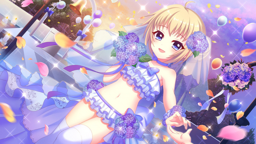 1girl 1other ahoge arch back_bow bare_shoulders bell bikini blue_bikini blue_bow blue_choker blue_eyes blue_flower blue_skirt blue_veil blue_wrist_cuffs bow candle choker cloud dot_nose dutch_angle evening falling_petals film_grain flower fountain frilled_bikini frills game_cg holding holding_flower hydrangea imminent_hand_holding itsumura_haruka izumi_tsubasu large_bow lens_flare light_brown_hair looking_at_viewer navel non-web_source official_art open_mouth orange_petals orange_sky outdoors petals pink_petals pov pov_hands purple_flower purple_sky re:stage! showgirl_skirt skirt sky smile solo_focus sparkle stomach strapless strapless_bikini swimsuit thighhighs tree veil white_thighhighs