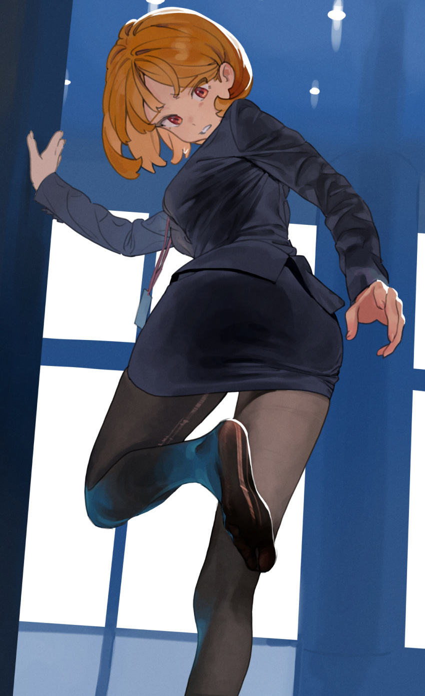 1girl ass black_pantyhose breasts business_suit from_behind highres id_card indoors looking_back no_shoes office office_lady orange_eyes orange_hair original pantyhose pencil_skirt sekoshi_(some1else45) short_hair skirt skirt_suit solo some1else45 standing standing_on_one_leg suit