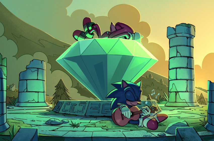 2boys arms_behind_head broken_pillar closed_eyes furry furry_male gem gloves guitar highres holding holding_guitar holding_instrument instrument knuckles_the_echidna lying master_emerald multiple_boys musical_note on_back outdoors red_footwear shoes sitting sonic_(series) sonic_the_hedgehog starrjoy stone_floor stone_pillar sunset white_gloves
