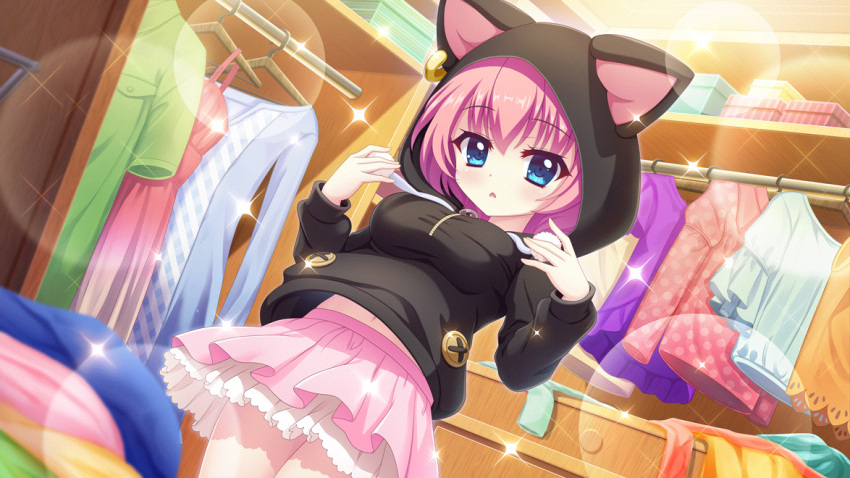 1girl :&lt; animal_hood black_hoodie blue_eyes blurry blurry_foreground box breasts cat_hood closet clothes_hanger cosplay dot_nose dutch_angle film_grain from_below game_cg hands_up hiiragi_kae hood hoodie indoors izumi_tsubasu large_breasts layered_skirt lens_flare long_sleeves looking_at_viewer midriff_peek navel nishidate_haku nishidate_haku_(cosplay) non-web_source official_art parted_lips pink_hair pink_skirt pom_pom_(clothes) re:stage! short_hair skirt solo sparkle undersized_clothes unworn_clothes white_skirt