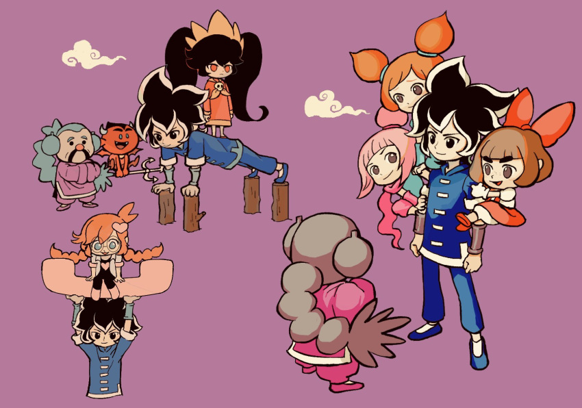 3boys 5girls :d ana_(warioware) arm_hug arms_up ashley_(warioware) black_bodysuit black_eyes black_footwear black_hair bloomers blue_pants blue_shirt blunt_bangs bodysuit bow braid braided_ponytail brown_eyes brown_hair closed_mouth cloud coat commentary_request cropped_torso demon dress exercise expressionless facial_hair fangs freckles glasses gloves green_eyes grey_hair hair_between_eyes hair_bow hair_ornament hands_in_opposite_sleeves heart heart_hair_ornament high_ponytail highres kat_(warioware) lab_coat long_hair long_sleeves looking_at_viewer lulu_(warioware) master_mantis multiple_boys multiple_girls multiple_views mustache open_clothes open_coat open_mouth orange_hair pants penny_crygor pinafore_dress pink_hair ponytail purple_background purple_footwear purple_pants push-ups red_(warioware) red_bow red_dress red_eyes red_footwear rfufvas3phbxkxa round_eyewear shirt shoes short_hair short_sleeves short_twintails siblings sidelocks simple_background single_braid sisters sitting sleeveless sleeveless_dress smile smirk solid_circle_eyes standing_on_person swept_bangs thick_eyebrows twin_braids twintails v-shaped_eyebrows vambraces very_long_hair warioware white_bloomers white_coat white_gloves white_shirt whorled_clouds young_cricket