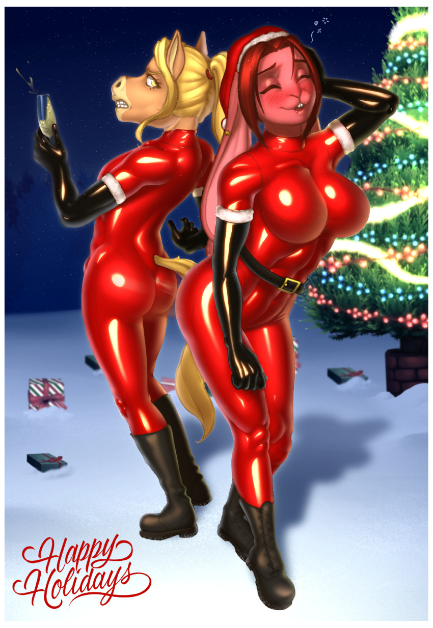 2023 absurd_res anthro armwear big_breasts black_armwear black_boots black_clothing black_elbow_gloves black_footwear black_gloves black_handwear black_latex blonde_hair blush bodysuit boots breasts buffbumblebee bulge champagne_glass chrissy_(buffbumblebee) christmas christmas_clothing christmas_decorations christmas_headwear christmas_present christmas_tree clothing drunk duo elbow_gloves english_text equid equine eyes_closed female footwear fur gift girly glistening glistening_bodysuit glistening_clothing glistening_latex glistening_skinsuit gloves hair handwear hat headgear headwear hi_res holding_glass holding_object holidays horse lagomorph latex latex_armwear latex_bodysuit latex_clothing latex_elbow_gloves latex_gloves latex_handwear latex_skinsuit leporid long_hair looking_back male mammal night pink_body pink_fur plant ponytail rabbit red_bodysuit red_hair red_latex red_skinsuit ruby_(buffbumblebee) santa_hat skinsuit substance_intoxication tail text tight_clothing tree yellow_eyes yellow_tail